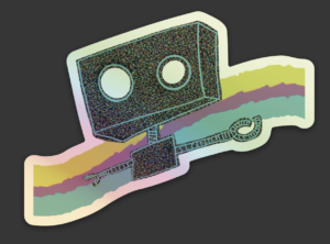 A Robot is in front of a background of a stacked yellow, pink, and blue stripe. The robot has the blue turquoise shade as the detail liner to their edges. It is has a black organic inspired shape pattern. The sticker is holographic. The background is dark. 