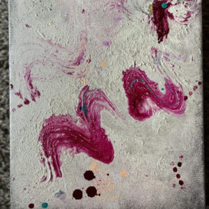 Ripple is an abstract painting with swirlish shapes of magenta, dots and dabs of oranges and teals, and movement.